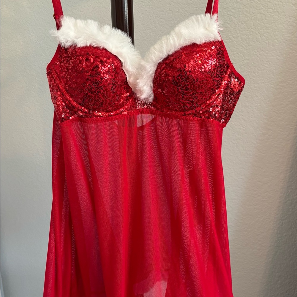 Fashion Nova Red Sequin & White Faux Fur Trim Sheer Babydoll